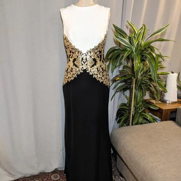 Tadashi Shoji Black and White Dress with Gold Accents - Picture 3 of 16